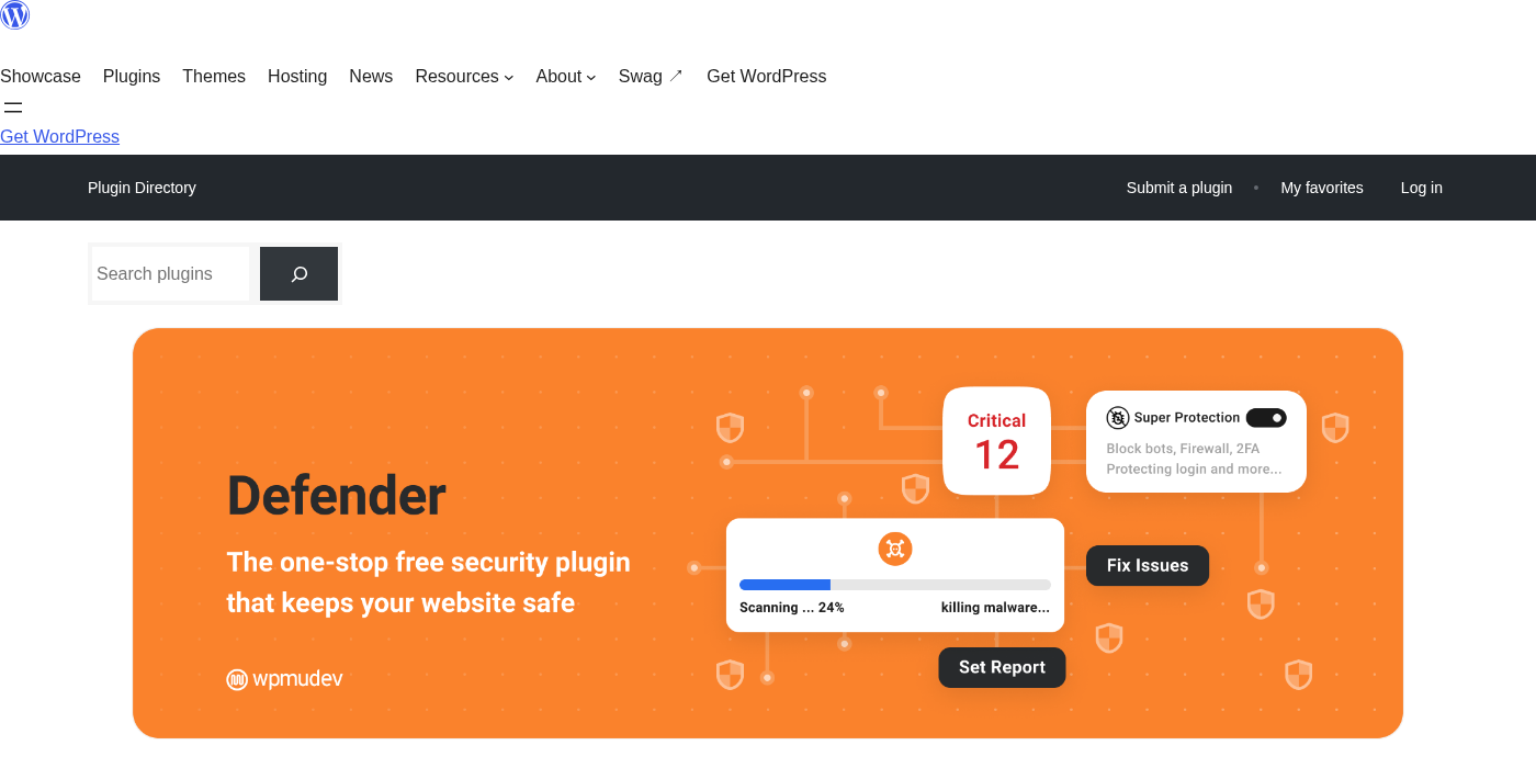 Defender Security plugin listing on WordPress.org showing the plugin title, 80,000-plus active installs, 4.8-star rating from 334 reviews, current version 6.1.0 released July 22, 2026