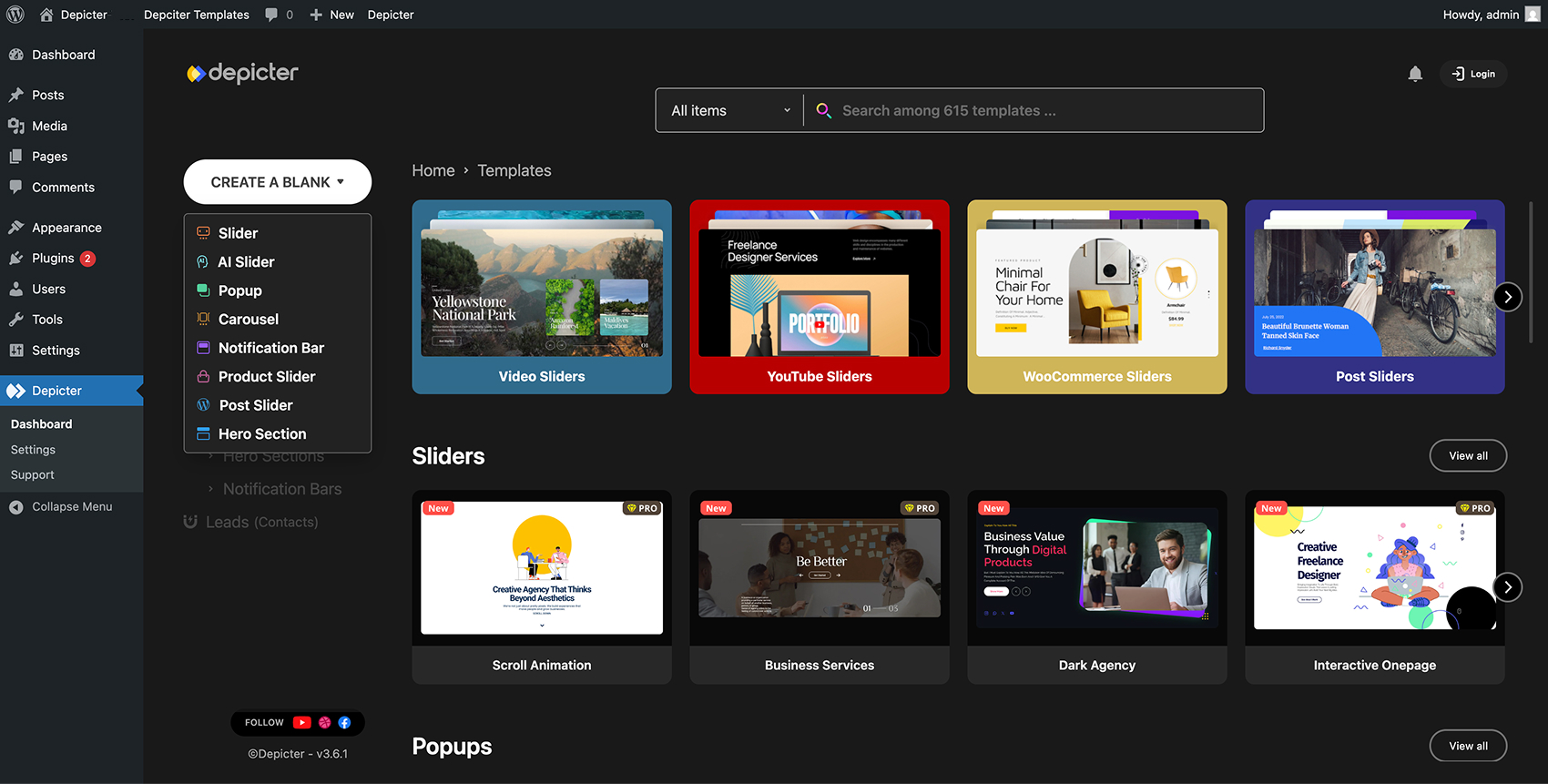 Depicter dashboard showing all created sliders, popups, carousels, and hero sections in the unified WordPress admin content overview.