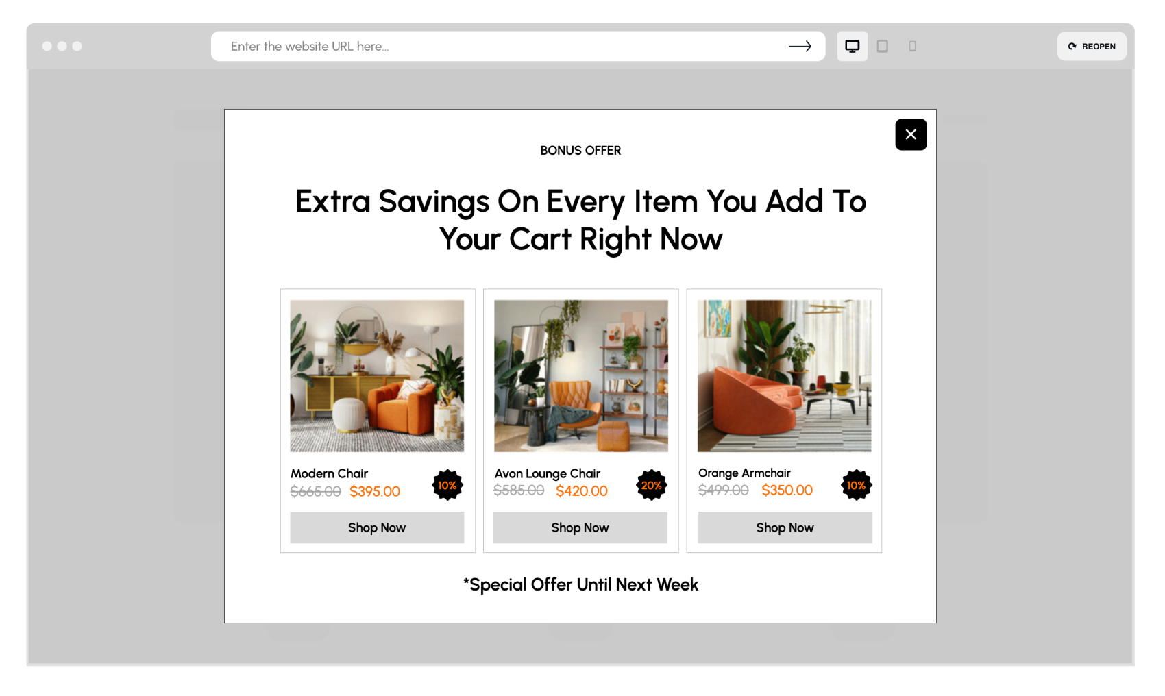 Depicter dynamic on-sale products popup showing WooCommerce product integration with custom display rules for eCommerce sites.