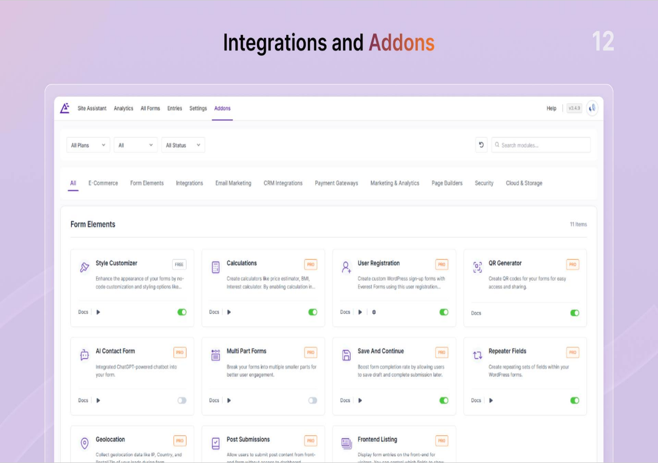 Everest Forms Addons panel showing the Form Elements category with Style Customizer (FREE), Calculations, User Registration, QR Generator, AI Contact Form, Multi Part Forms, Save And Continue, and Repeater Fields modules, most labeled PRO, with tabs for E-Commerce, Integrations, Email Marketing, CRM Integrations, Payment Gateways, and more.