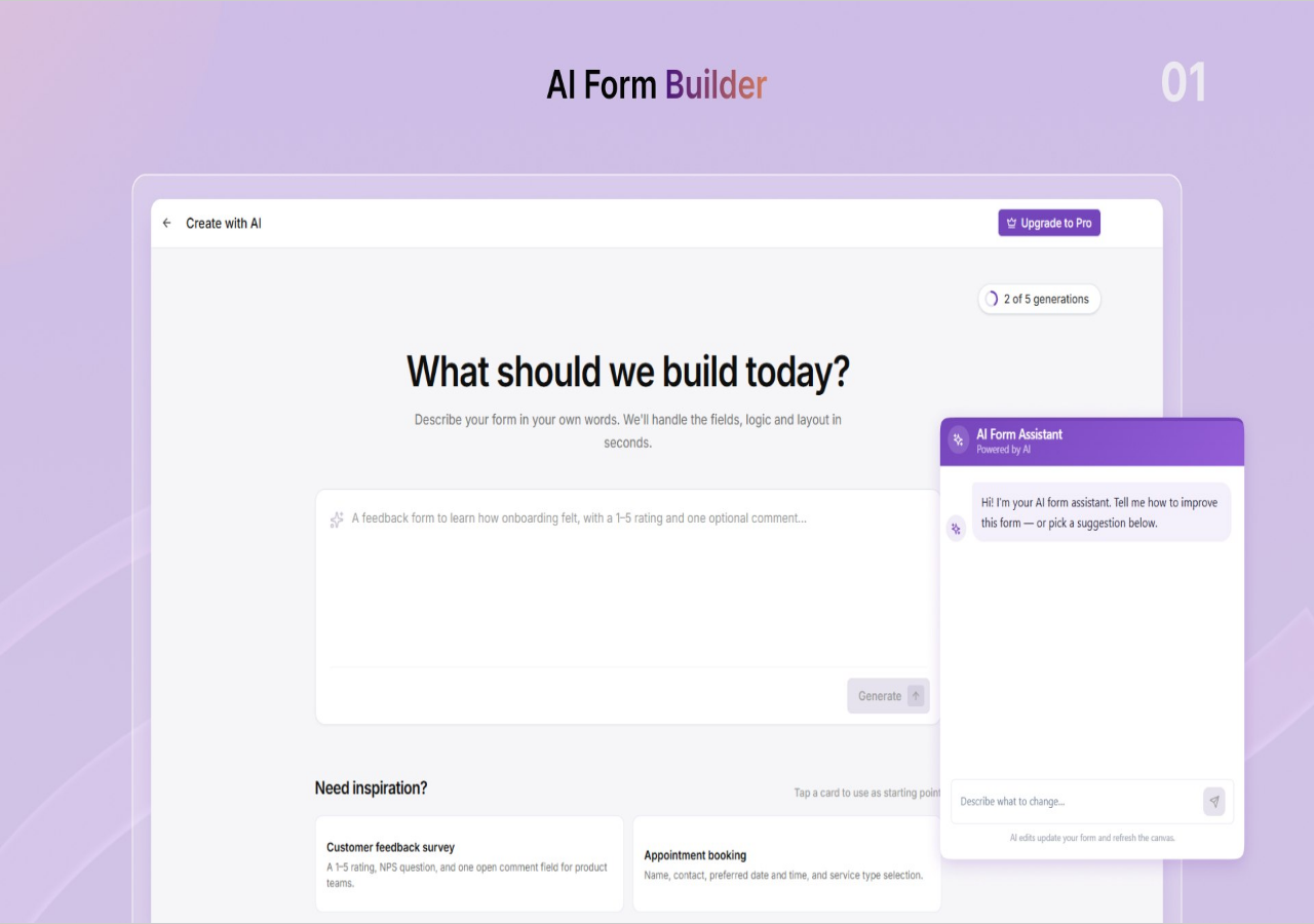 Everest Forms AI form builder interface showing the What should we build today prompt box on a purple gradient background, the AI Form Assistant chat sidebar, and suggestion cards for different form types.
