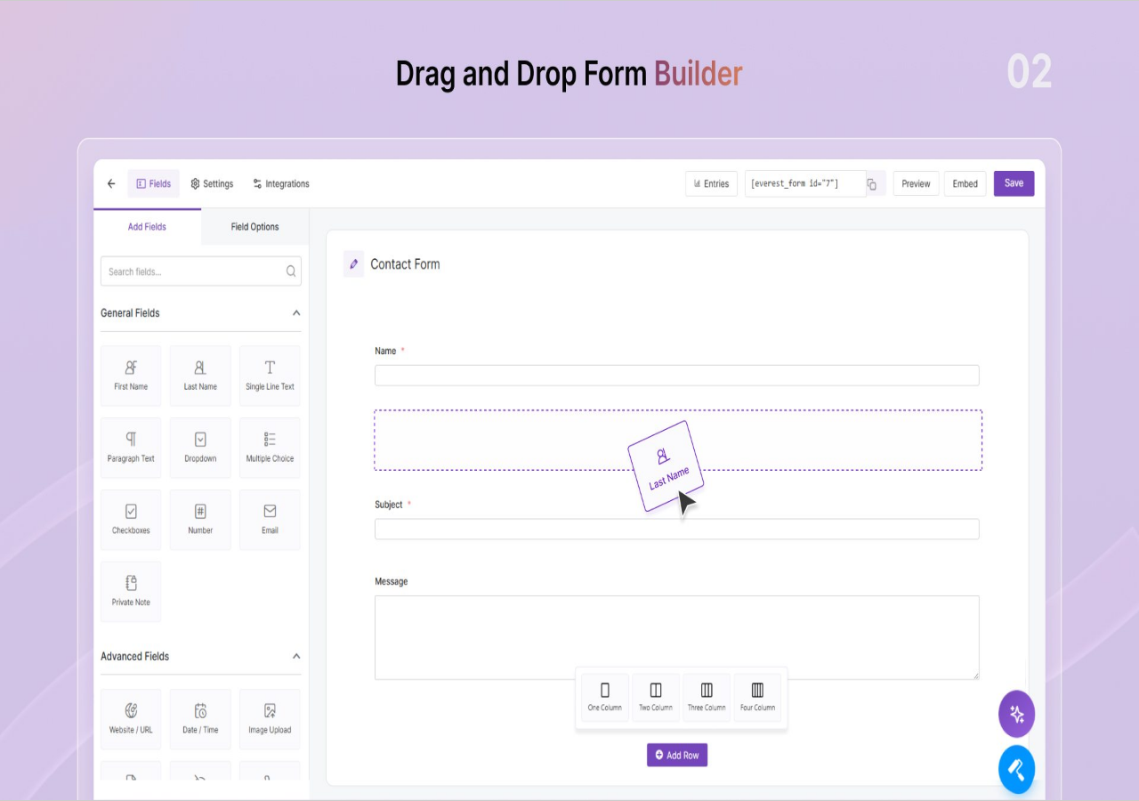 Everest Forms drag-and-drop form builder showing the Add Fields panel on the left with General Fields and the Contact Form canvas on the right with Name, Subject, and Message fields arranged in the builder. The column layout picker appears at the bottom of the canvas.