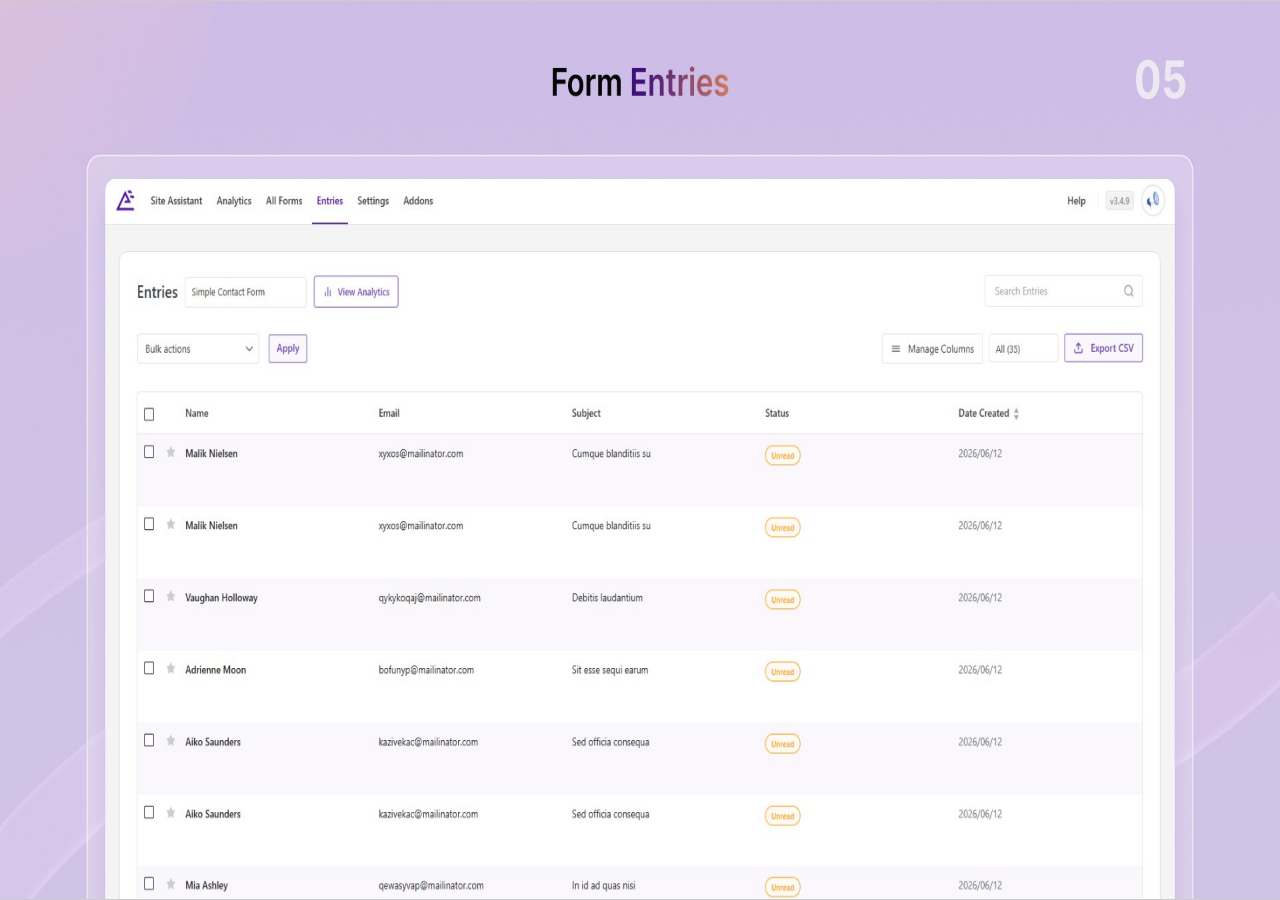 Everest Forms entry management dashboard showing the submissions table with Name, Email, Subject, Status (read/unread), and Date Created columns, with an Export CSV button and search field showing 35 total entries.