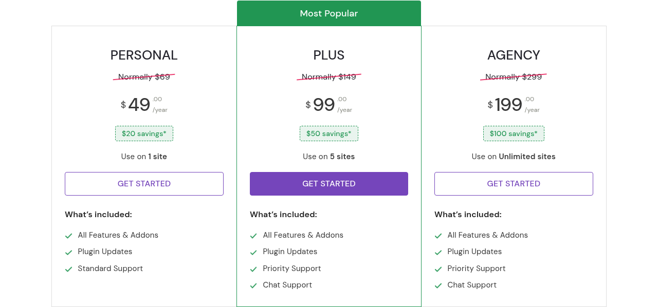 Everest Forms pricing page showing three plan cards: Personal, Plus (Most Popular), and Agency, with annual and lifetime purchase options and first-year promotional pricing displayed.
