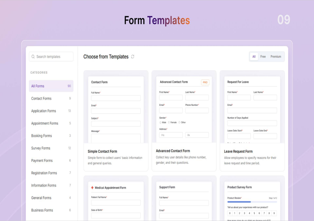Everest Forms template library showing 90 total templates (free and premium) organized by category, with All, Free, and Premium filter tabs and template cards showing miniature form previews for Simple Contact Form, Advanced Contact Form, Leave Request Form, and others.
