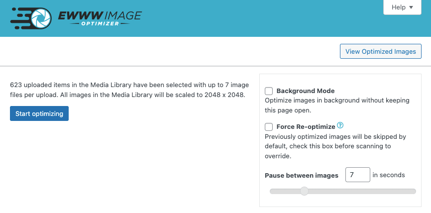 EWWW Image Optimizer bulk optimization screen showing 623 queued items, the Start optimizing button, and options for Background Mode off, Force Re-optimize off, and a Pause between images slider at 7 seconds. Source: official vendor screenshot published on WordPress.org.