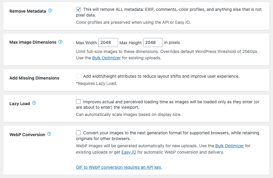 EWWW Image Optimizer settings page continued showing the Add Missing Dimensions toggle off, Lazy Load toggle off, and WebP Conversion toggle off by default with a note that GIF to WebP conversion requires an API key. Source: official vendor screenshot published on WordPress.org.