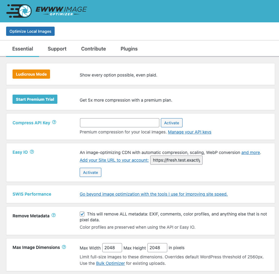 EWWW Image Optimizer plugin settings page showing the Essential tab with Ludicrous Mode toggle, Start Premium Trial button, Compress API Key field, Easy IO CDN activation section, SWIS Performance link, Remove Metadata setting enabled by default, and Max Image Dimensions fields set to 2048x2048. Source: official vendor screenshot published on WordPress.org.