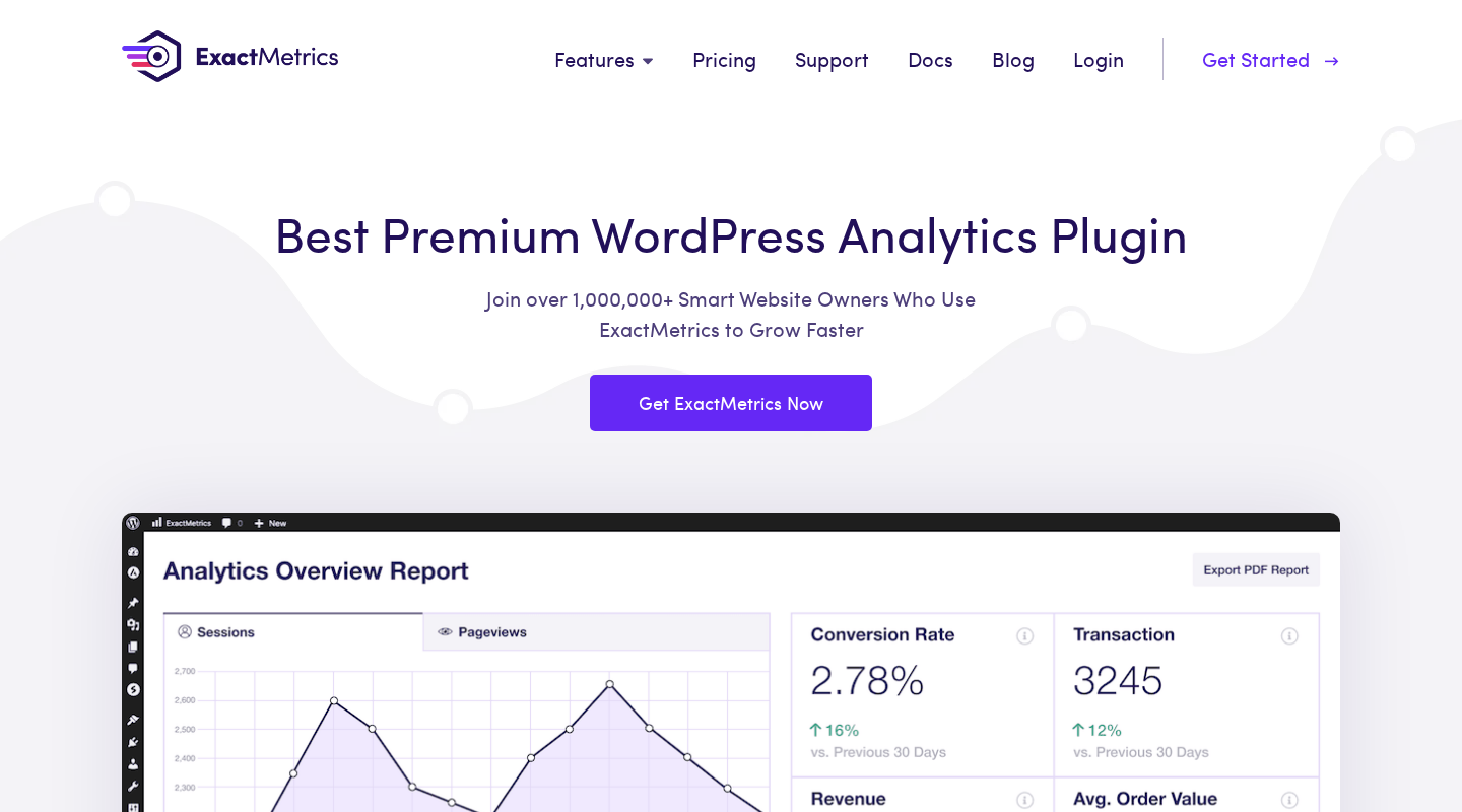 ExactMetrics plugin homepage showing the headline Best Premium Google Analytics Plugin for WordPress and over 1 million users social proof