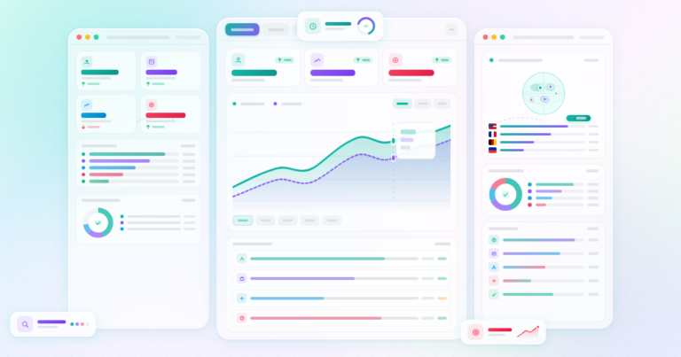 ExactMetrics analytics dashboard glassmorphism banner with KPI grid, area chart, traffic channels, and realtime globe on a pastel teal-violet-rose gradient background
