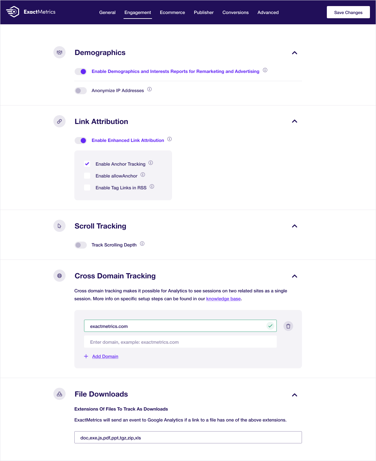 ExactMetrics settings page in WordPress admin showing plugin configuration options including tracking settings and integration toggles