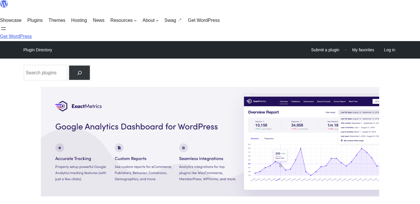 ExactMetrics WordPress.org plugin listing showing 300,000 plus active installs, 2.5-star rating across 1,547 reviews, version 10.1.3, and last updated August 19, 2026