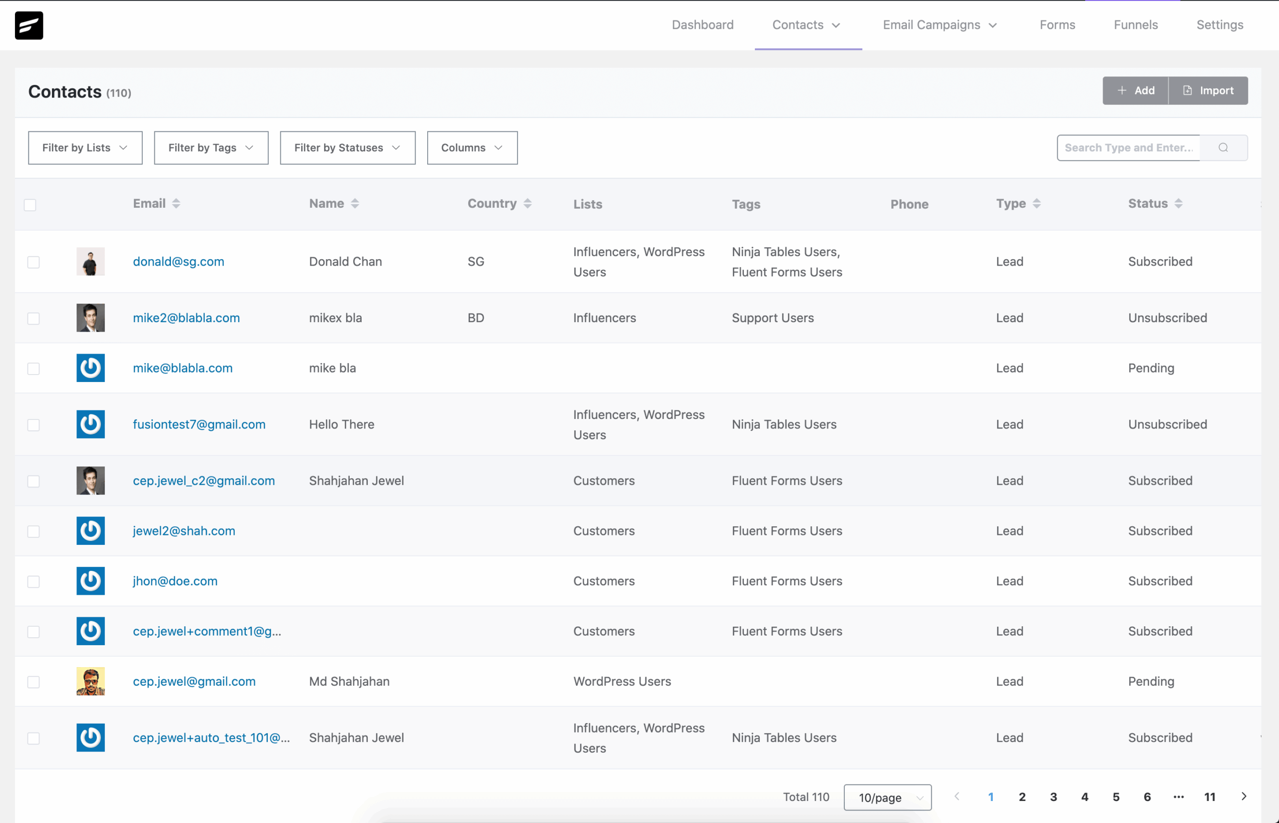 FluentCRM All Contacts screen displaying the contact list with columns for name, email, tags, lists, status, and last activity