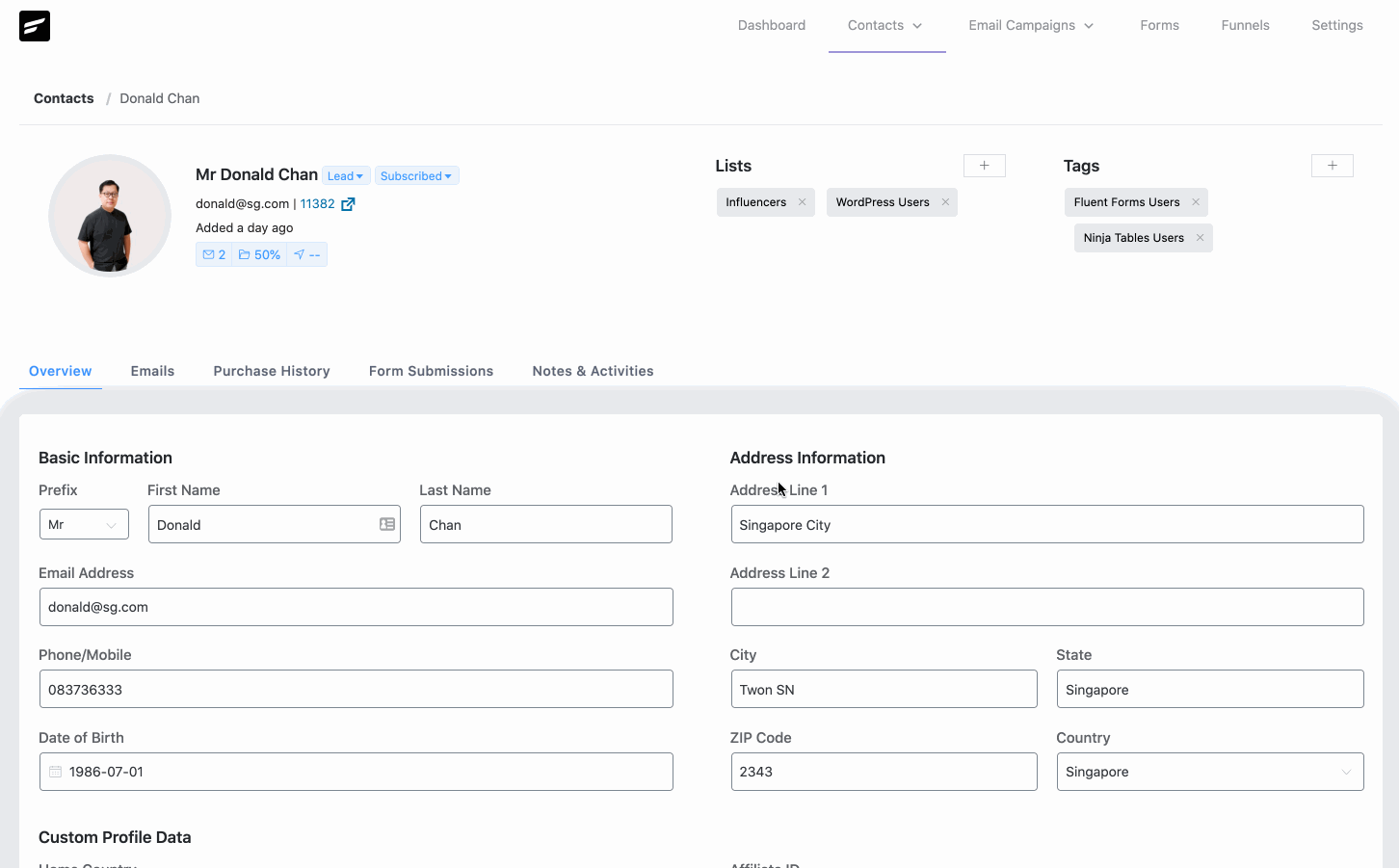 FluentCRM Contact Overview screen showing a single contact profile with purchase history, email log, tags, and activity timeline