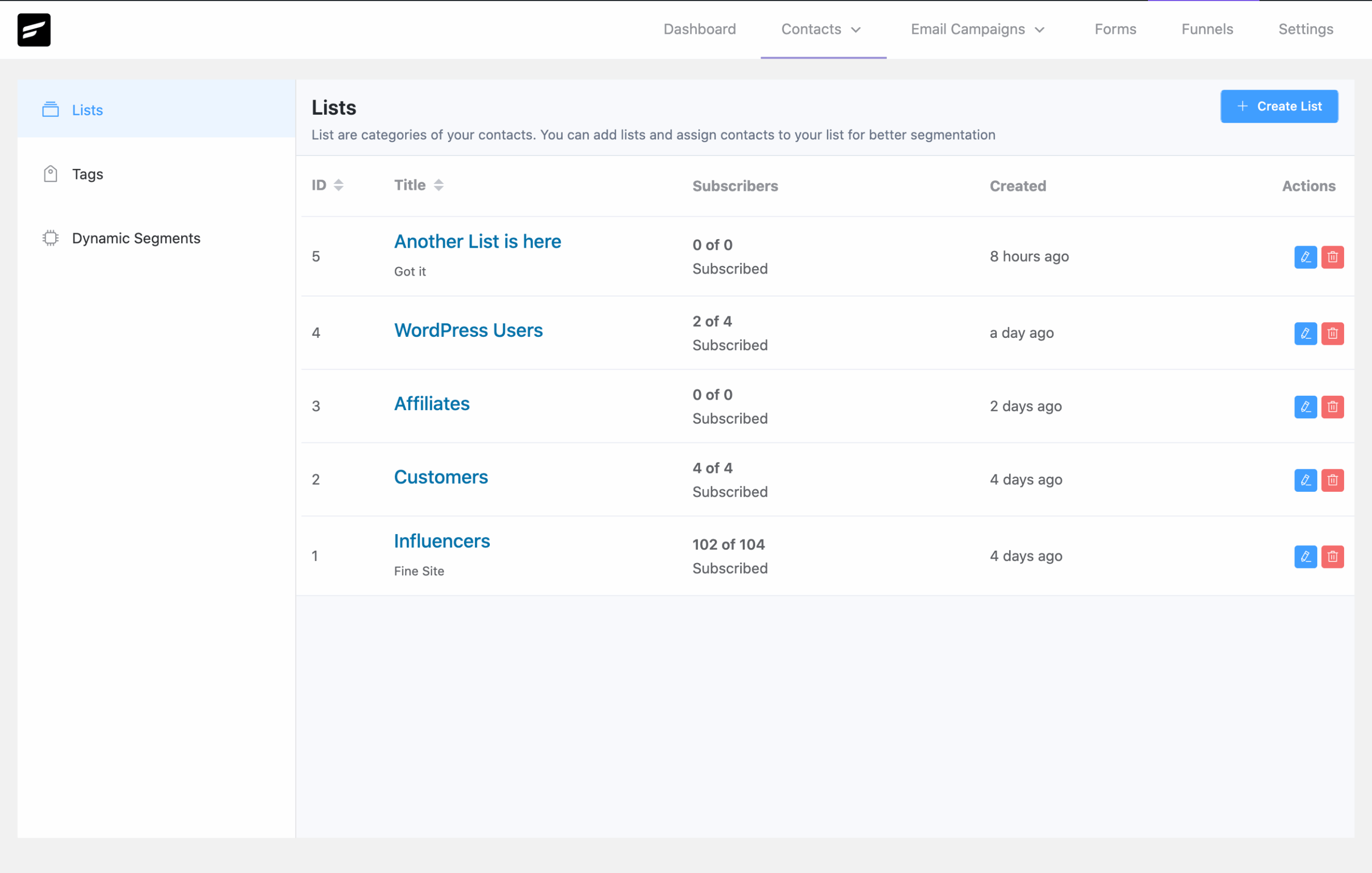 FluentCRM Contact Segments screen showing the list of saved segments with contact count and filter summary for each