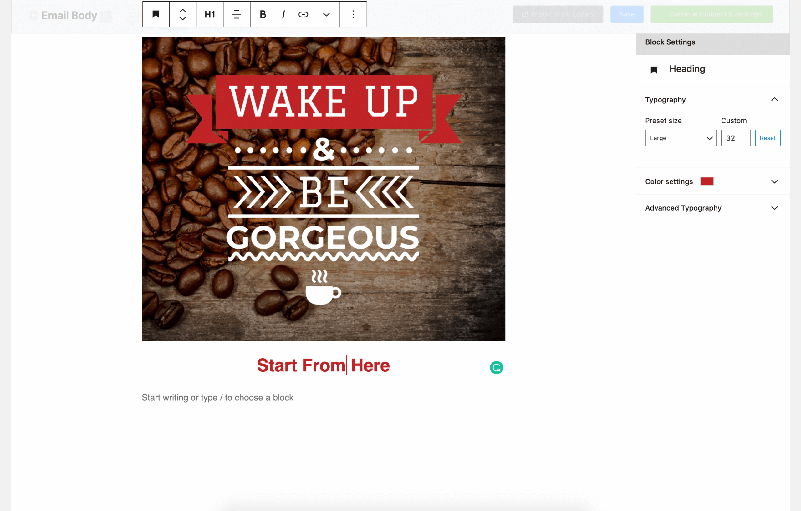 FluentCRM email builder showing the visual drag-and-drop editor with block panels and a live email preview