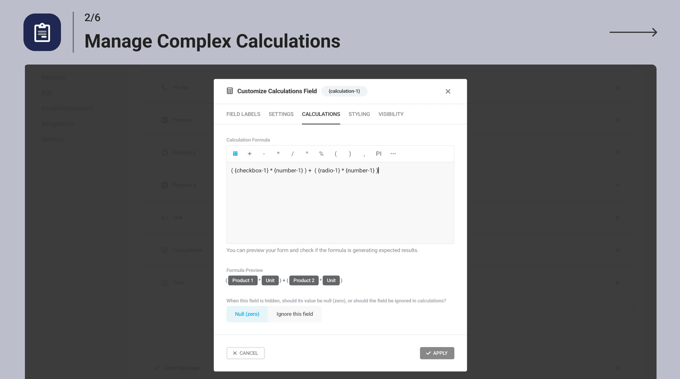 Forminator WordPress admin showing the calculation field editor with a formula builder, field variable picker, and live calculation preview (vendor screenshot from WordPress.org listing)
