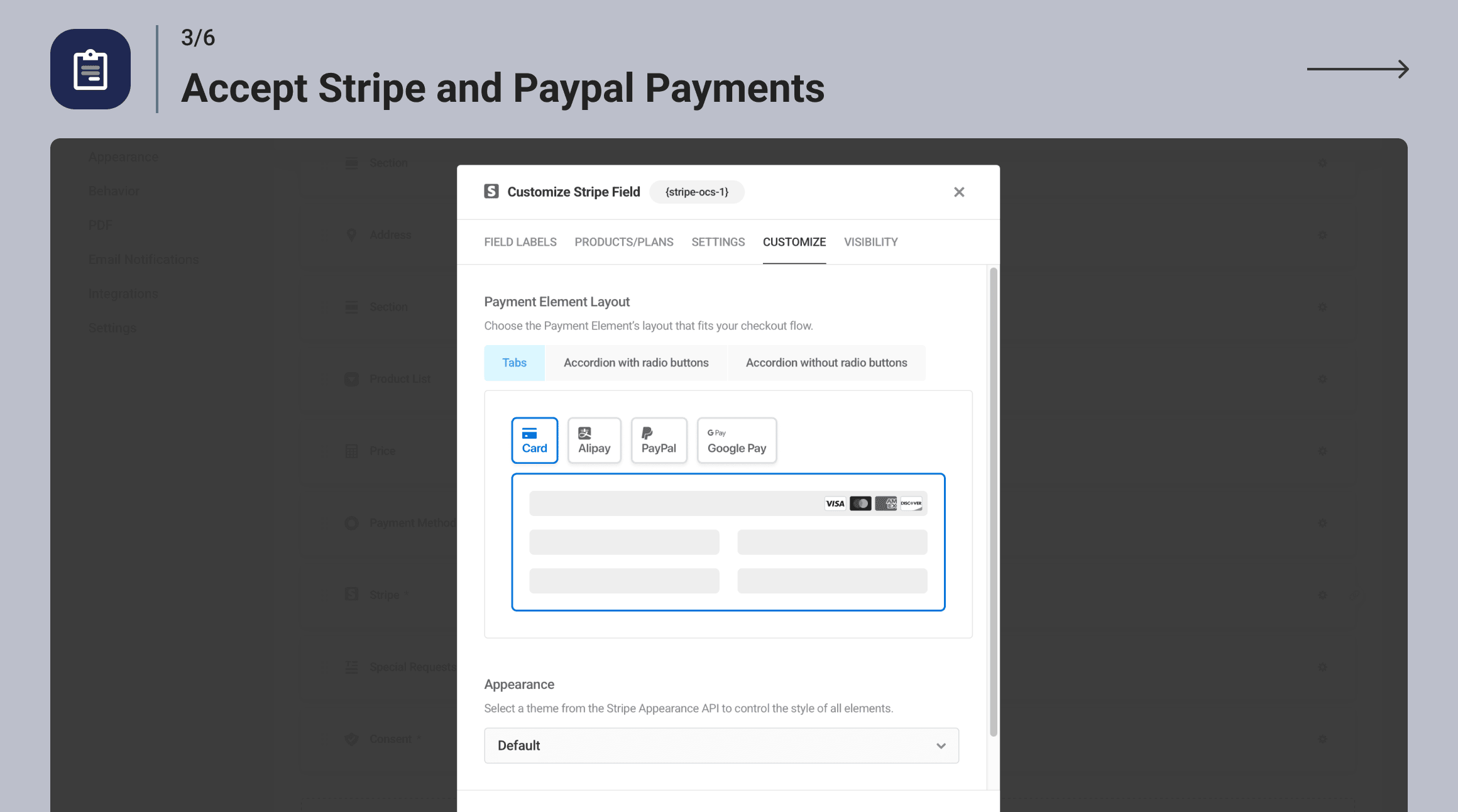 Forminator admin payments panel in WordPress showing Stripe and PayPal configuration options