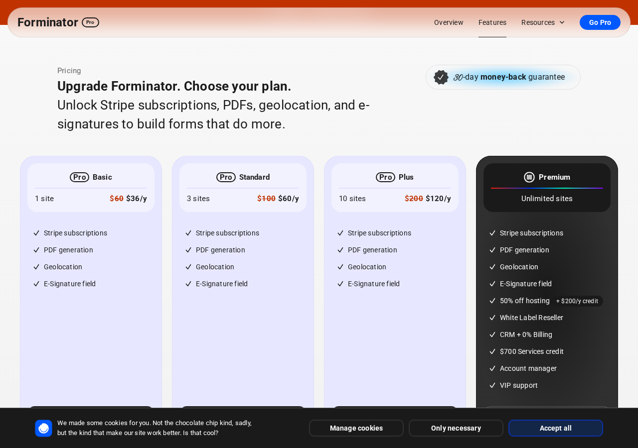 Forminator Pro pricing page on wpmudev.com showing plan cards for Pro Basic at $36/year for 1 site, Pro Standard at $60/year for 3 sites, and Pro Plus at $120/year for 10 sites, each including Stripe subscriptions, PDF generation, Geolocation, and E-Signature field