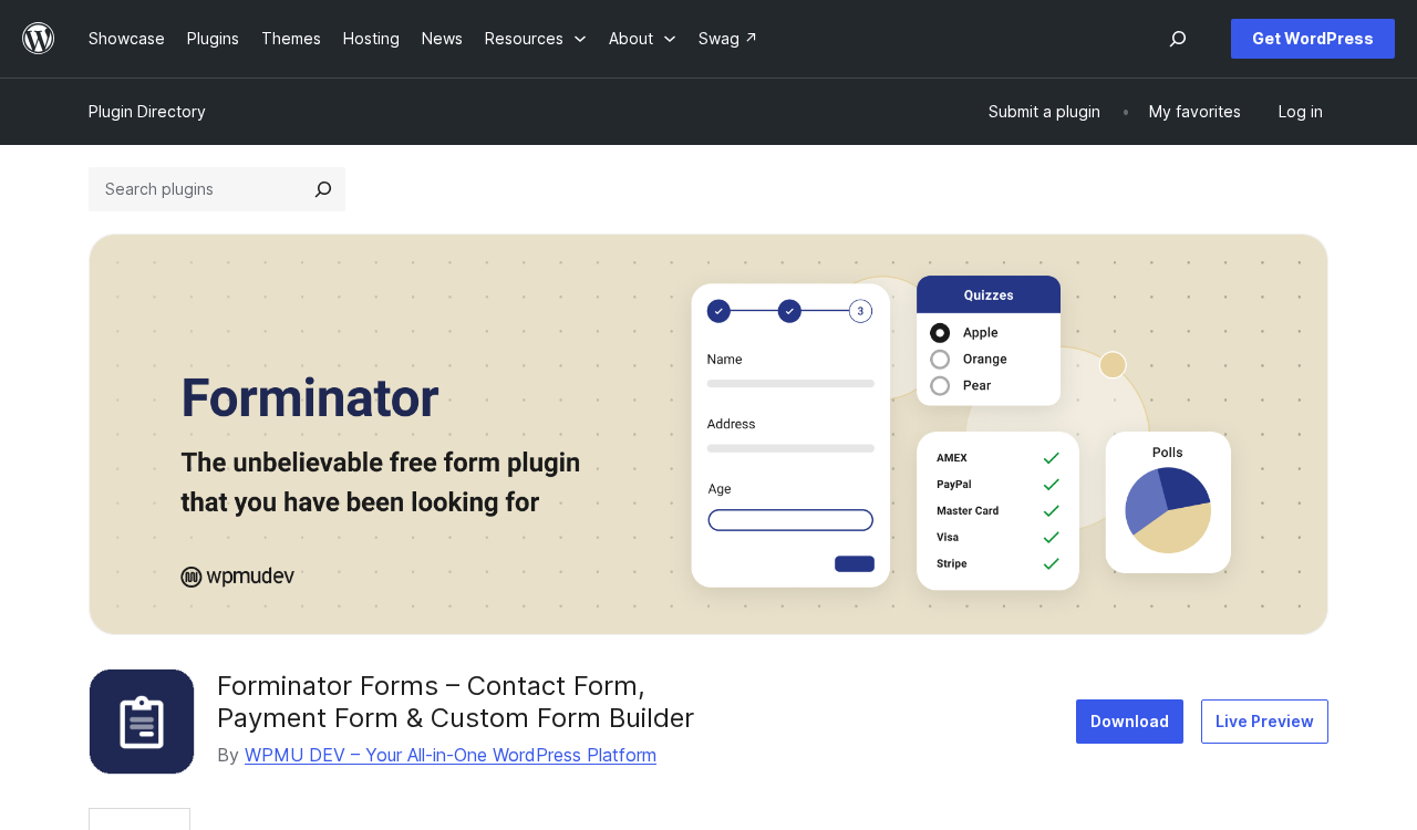Forminator on the WordPress.org plugin directory showing 600,000+ active installations, version 1.57.0, 4.8/5 stars from 2,107 reviews, and listed as tested up to WordPress 7.0.4