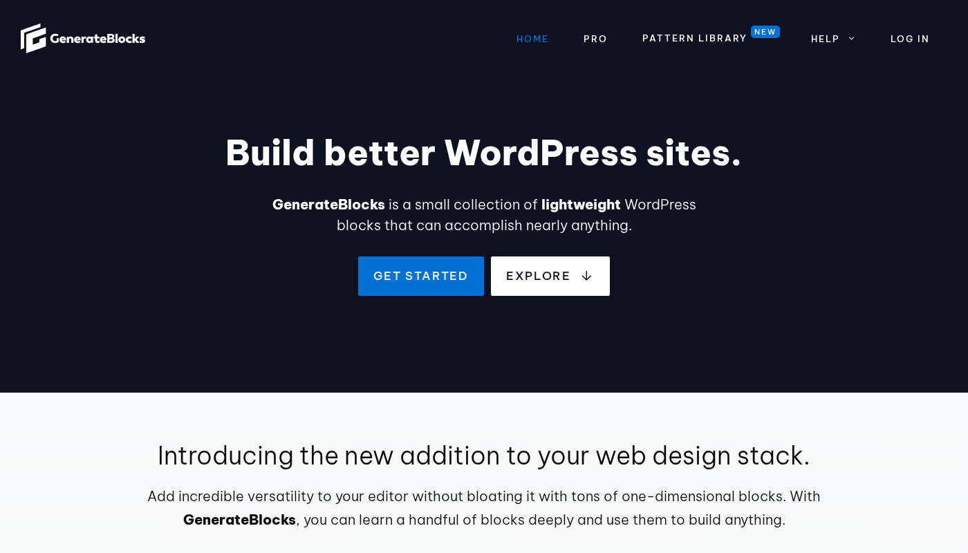 GenerateBlocks homepage showing the headline "Build better WordPress sites" and icons for the Container, Headline, Button, Image, Grid, and Query Loop blocks