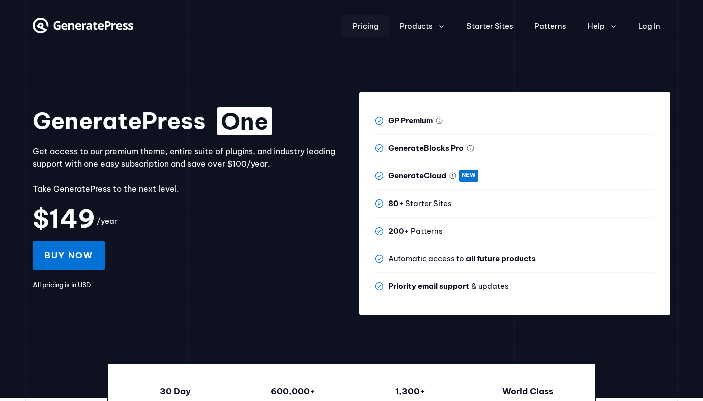 GeneratePress pricing page showing GenerateBlocks Pro at $99/year and the GeneratePress One bundle at $149/year