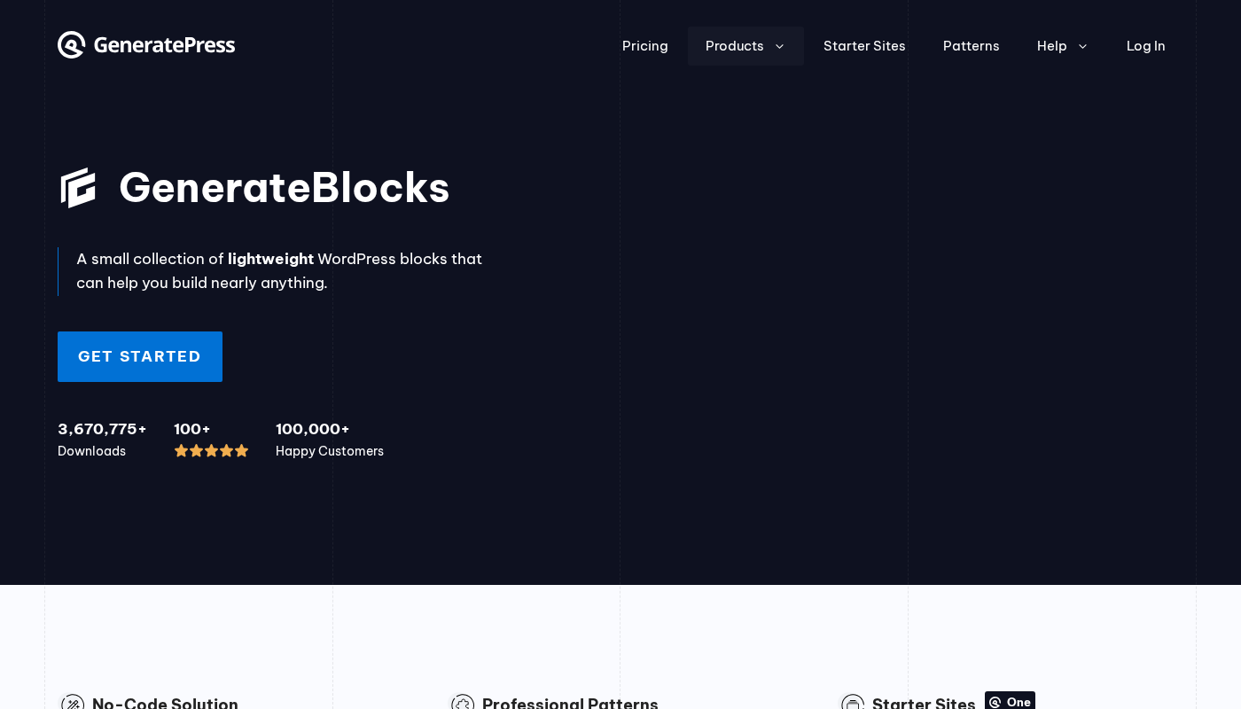 GenerateBlocks Pro features listed on generatepress.com/blocks including Pattern Library, Global Styles, Overlay Panels, and Mega Menus