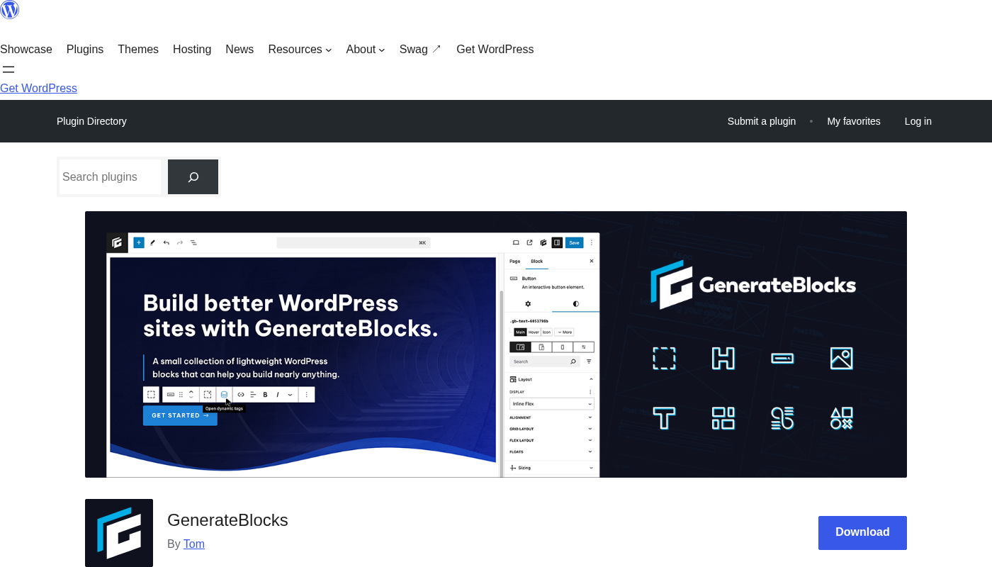 WordPress.org listing for GenerateBlocks version 2.4.0 showing 200,000+ active installs and 4.9-star rating