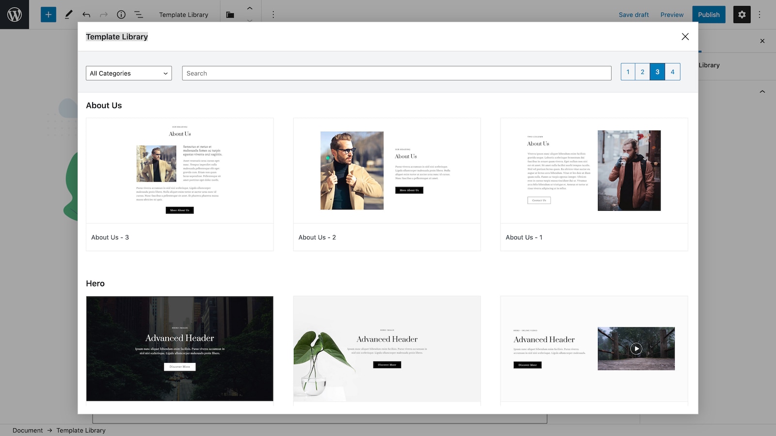 Getwid pre-designed block templates and block library showing available Gutenberg blocks organized by category