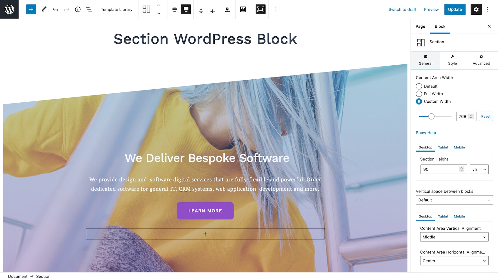 WordPress block editor showing the Getwid Section block settings panel with background type options including Color, Image, Video, Slider, and Gradient, and entrance animation controls