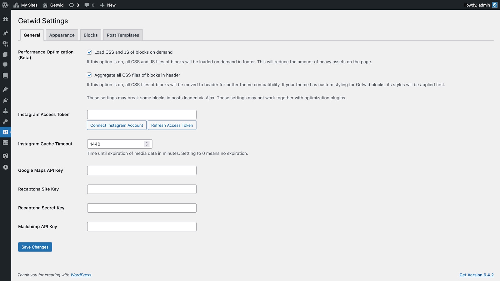 Getwid block settings panel inside the WordPress admin showing the API keys tab with fields for Google Maps API key, Instagram access token, and MailChimp API key
