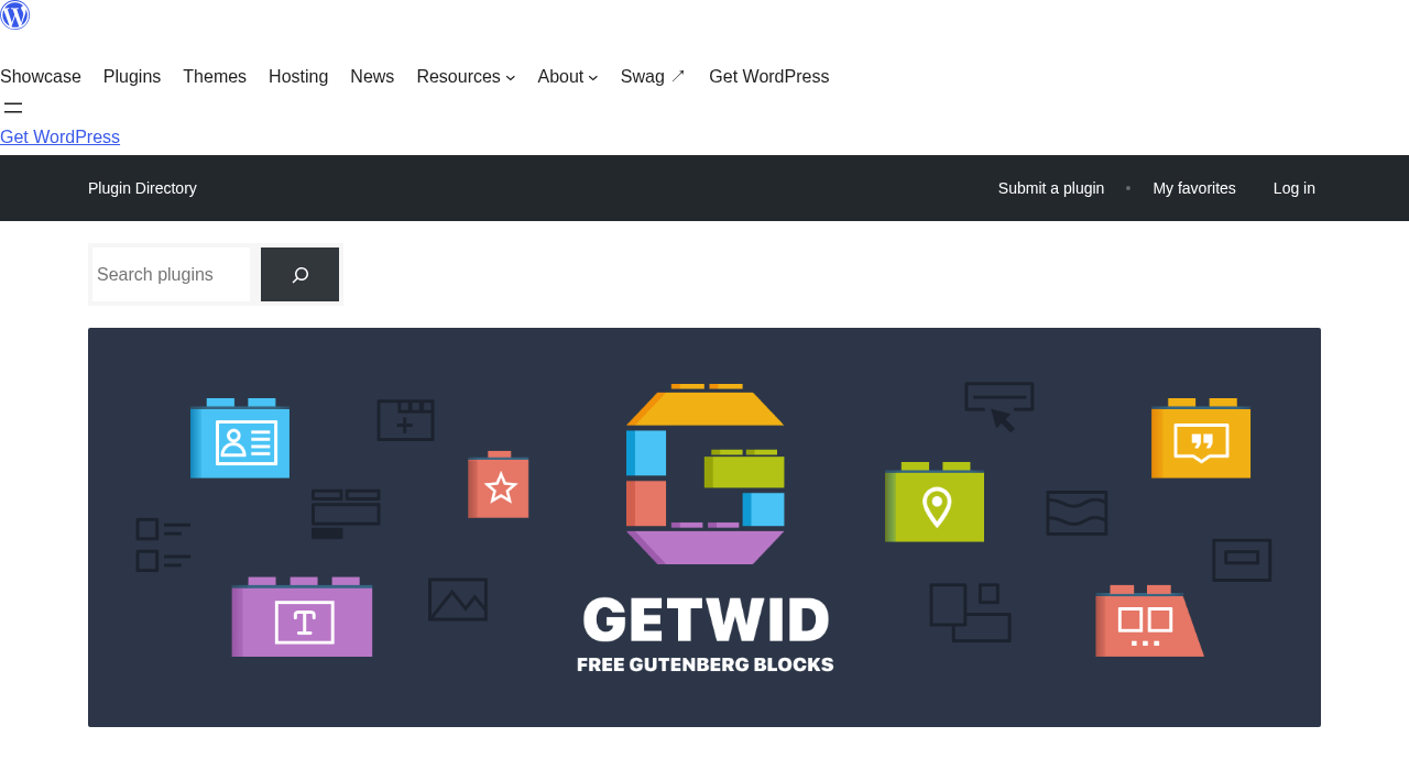 Getwid plugin listing on WordPress.org showing version 2.2.0, 50,000+ active installs, 4.7-star rating, and the MotoPress author link