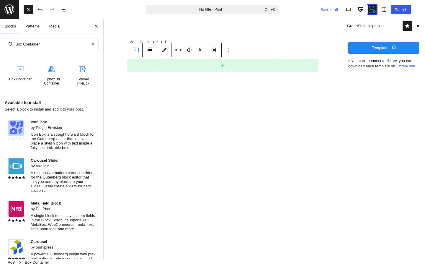 GreenShift GLAI AI Helper panel open inside the WordPress editor showing the AI assistant interface