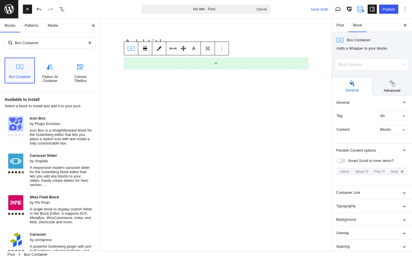 GreenShift animation settings panel on a block showing scroll animation controls and effect options