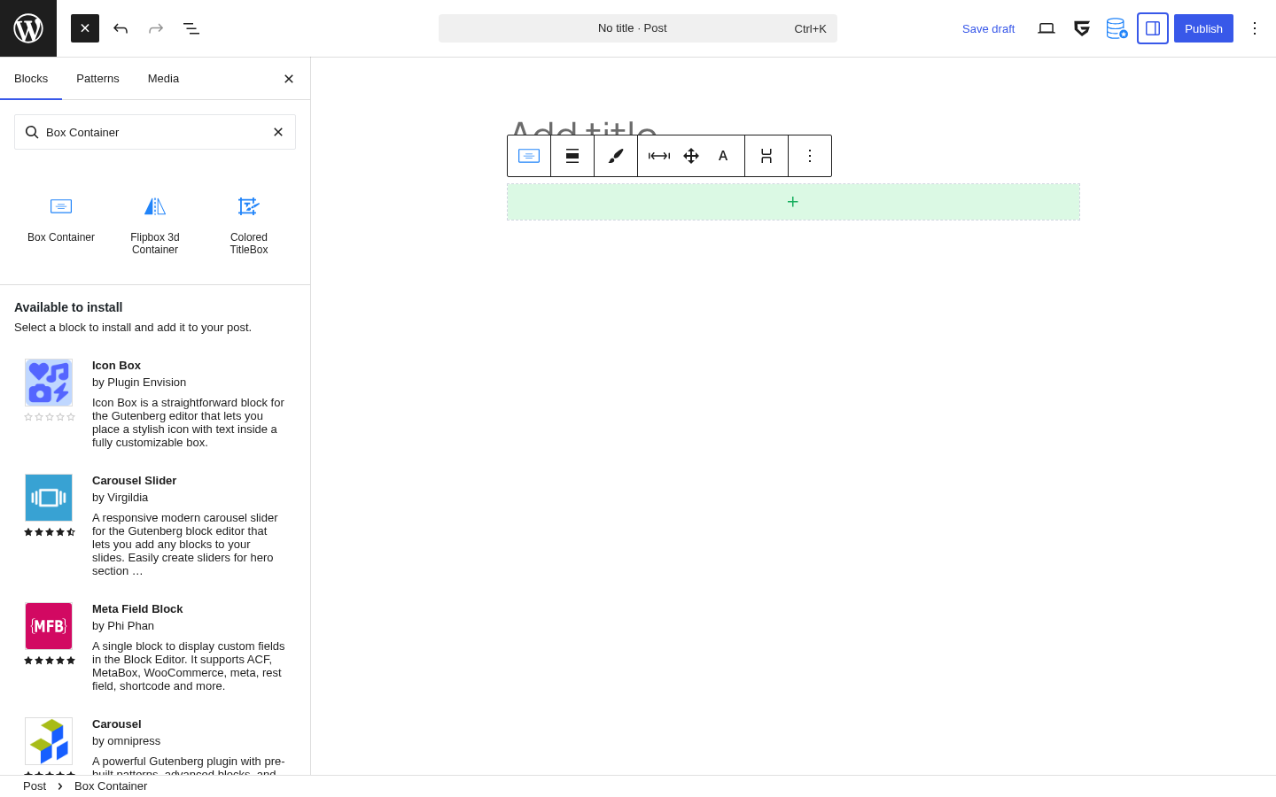 GreenShift Box Container block settings panel showing Flexbox and CSS Grid layout options in the right sidebar