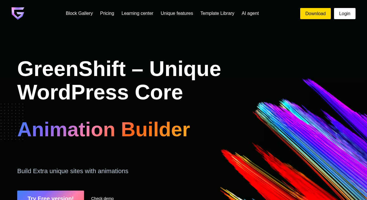 GreenShift homepage showing the page builder and animation builder Gutenberg plugin headline