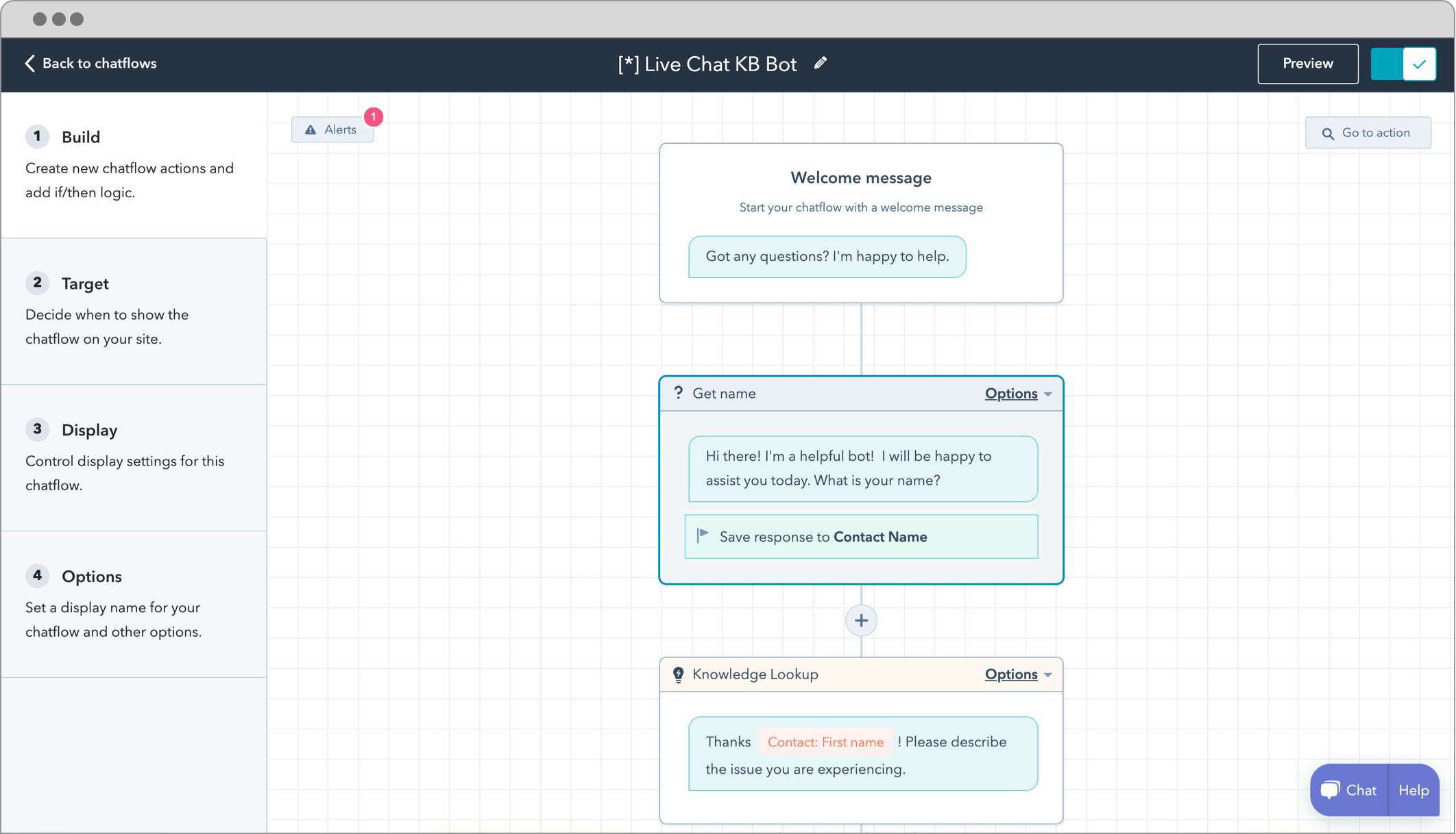 HubSpot for WordPress chatbot automation showing Add 24/7 chatbots to your website to help automate lead capture and support