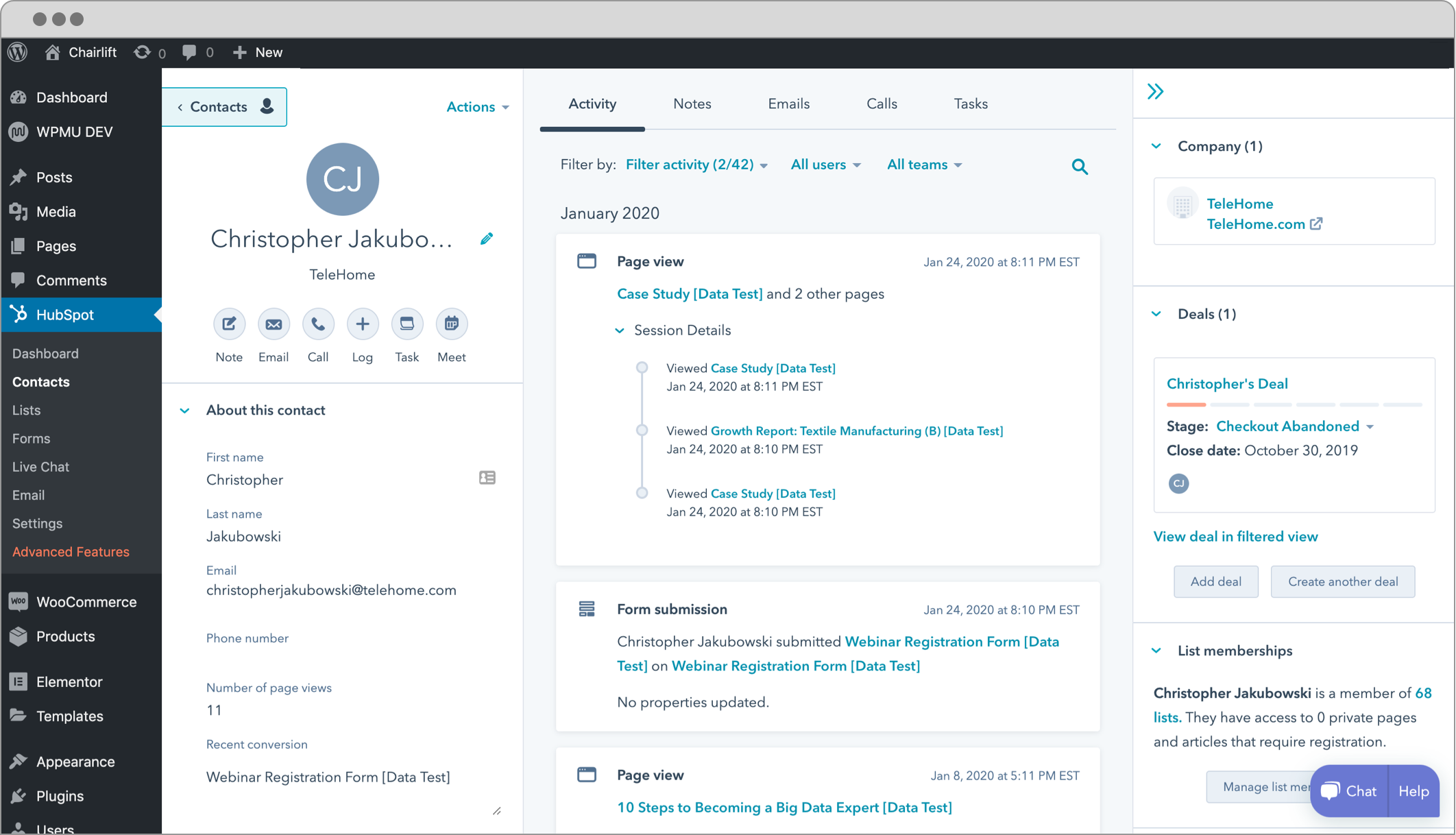 HubSpot CRM contacts dashboard showing Organize track and nurture your leads in your free HubSpot CRM