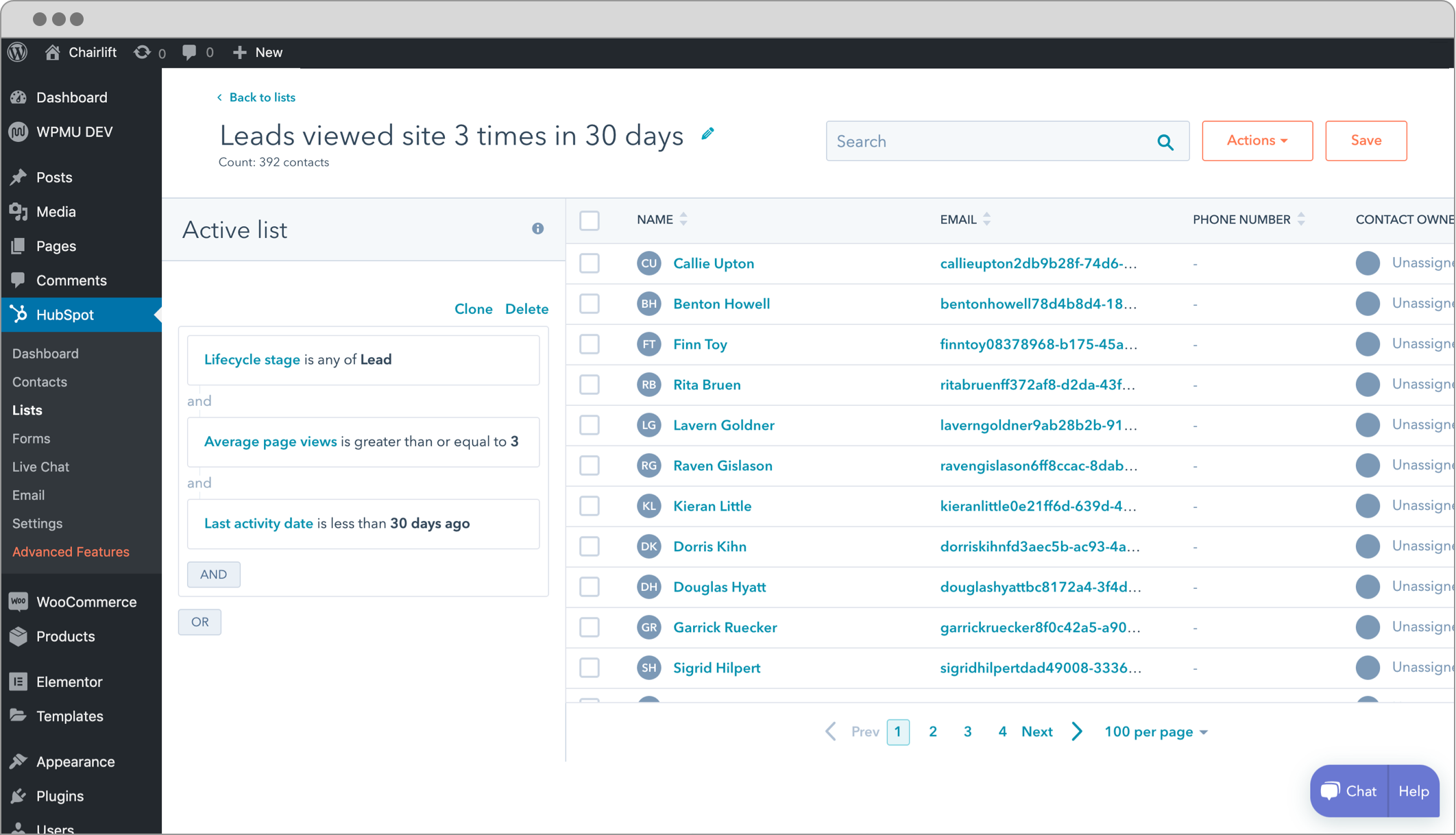 HubSpot for WordPress email nurturing interface showing Nurture and convert leads with lists and email