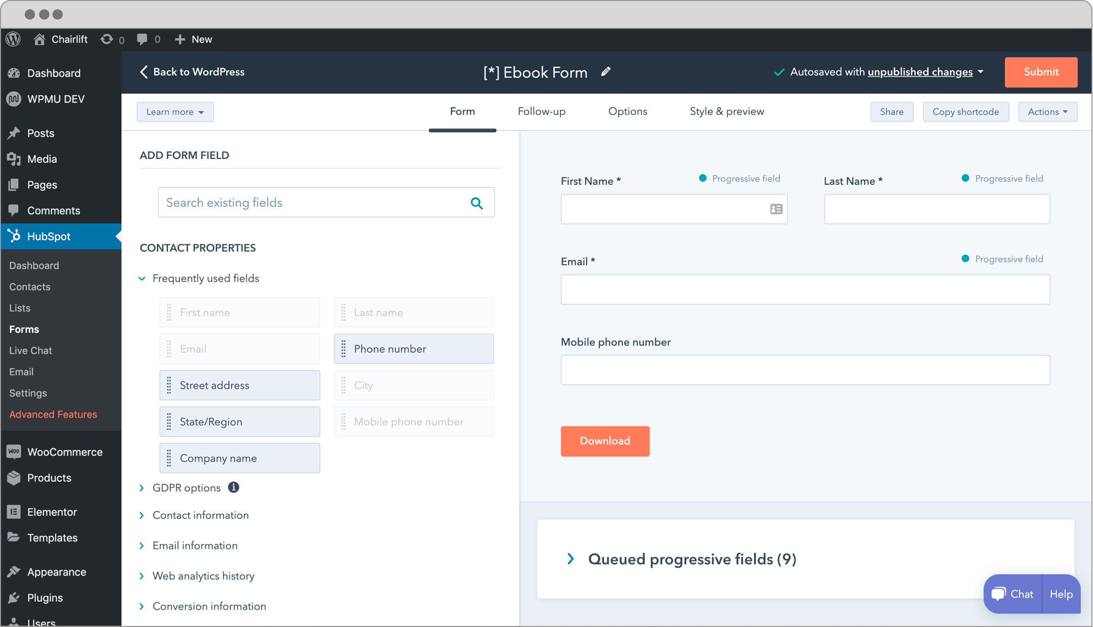 HubSpot for WordPress drag-and-drop form builder showing Create beautiful forms and popups on your website in minutes
