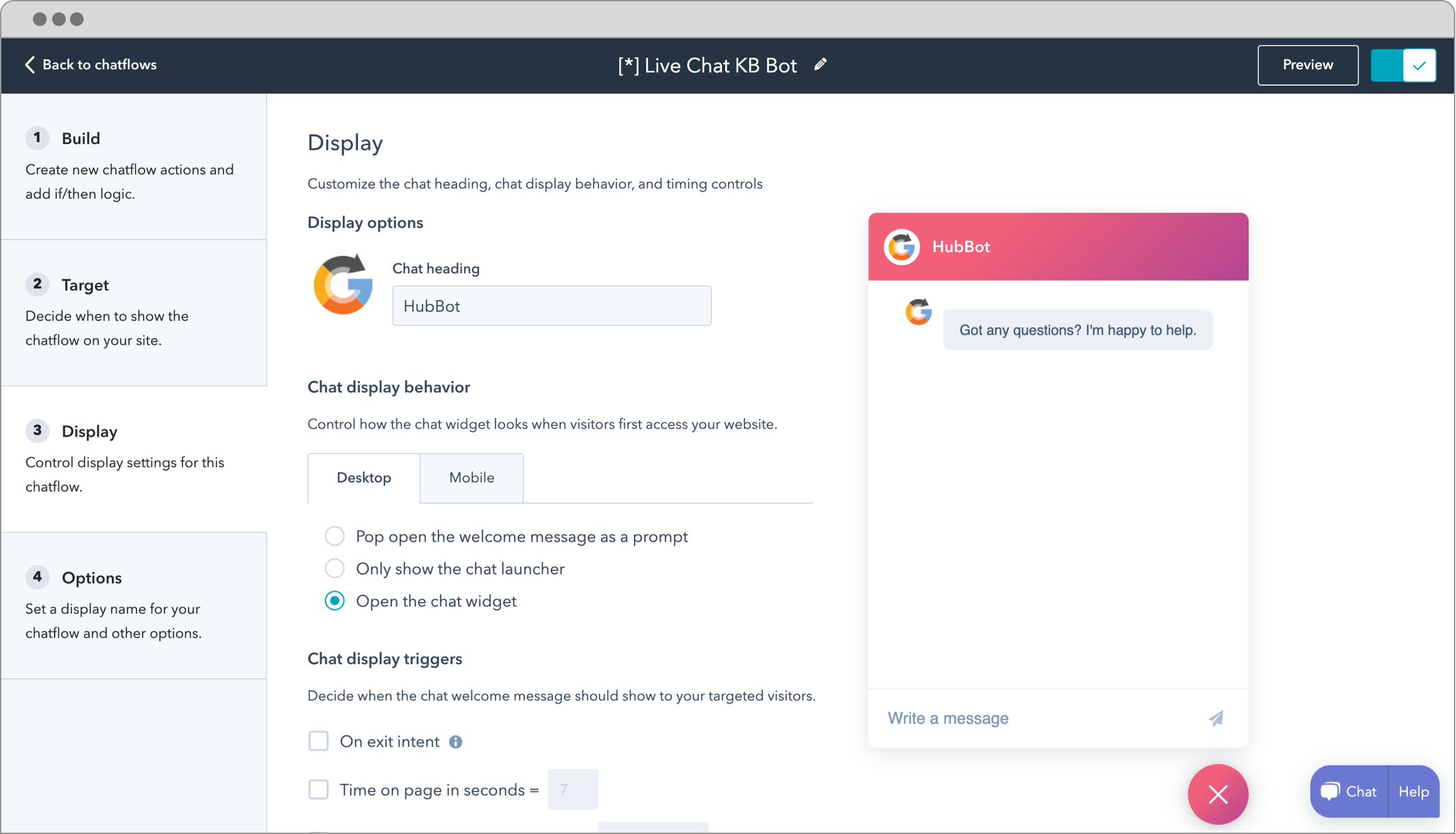 HubSpot for WordPress live chat integration showing Add live chat to your website and easily engage and help your site visitors