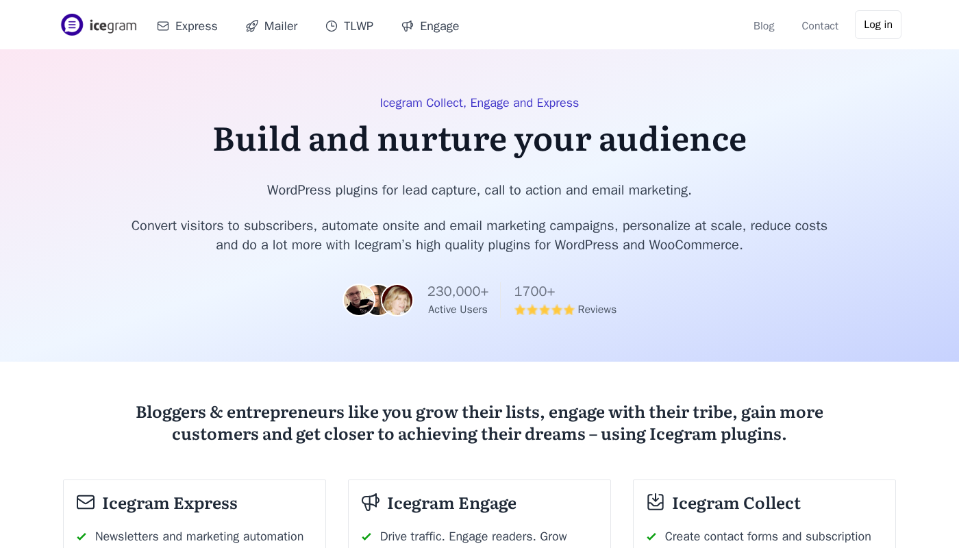 Icegram Express homepage showing the three-plugin suite (Express for email, Engage for popups, Collect for forms) and 230,000+ active users count