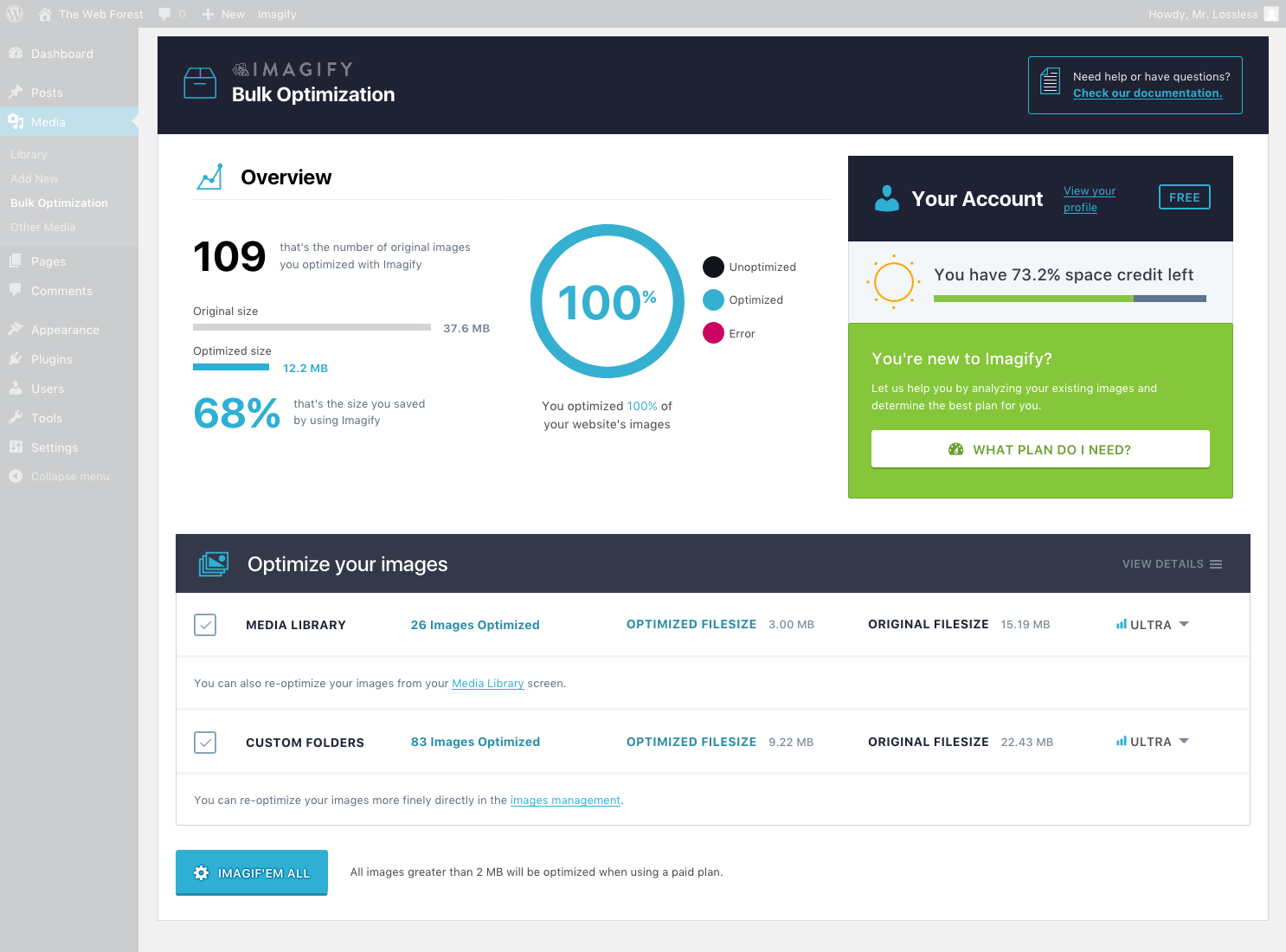 Imagify bulk optimization screen in WordPress showing the total image count, unoptimized count, optimization progress bar, data saved summary, and a Start Optimizing button