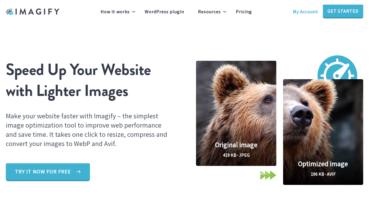 Imagify homepage hero on imagify.io showing the headline Speed Up Your Website with Lighter Images with a graphic illustrating a 419 KB JPEG compressed to a 196 KB AVIF, and trust badges showing Used by WP Rocket and a call to action for the WordPress plugin and web app