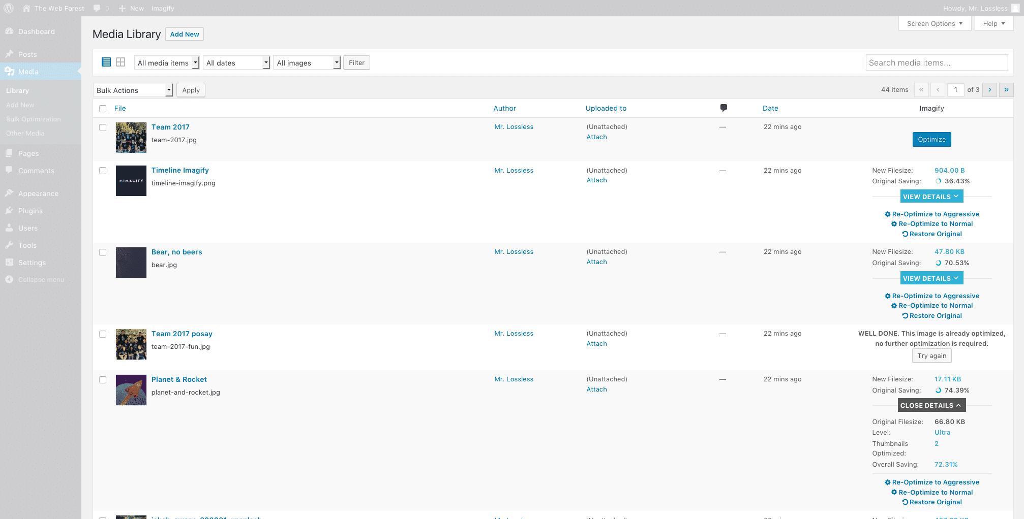 Imagify Media Library view in WordPress showing image thumbnails with optimization status labels, file size savings percentages, and action buttons per image