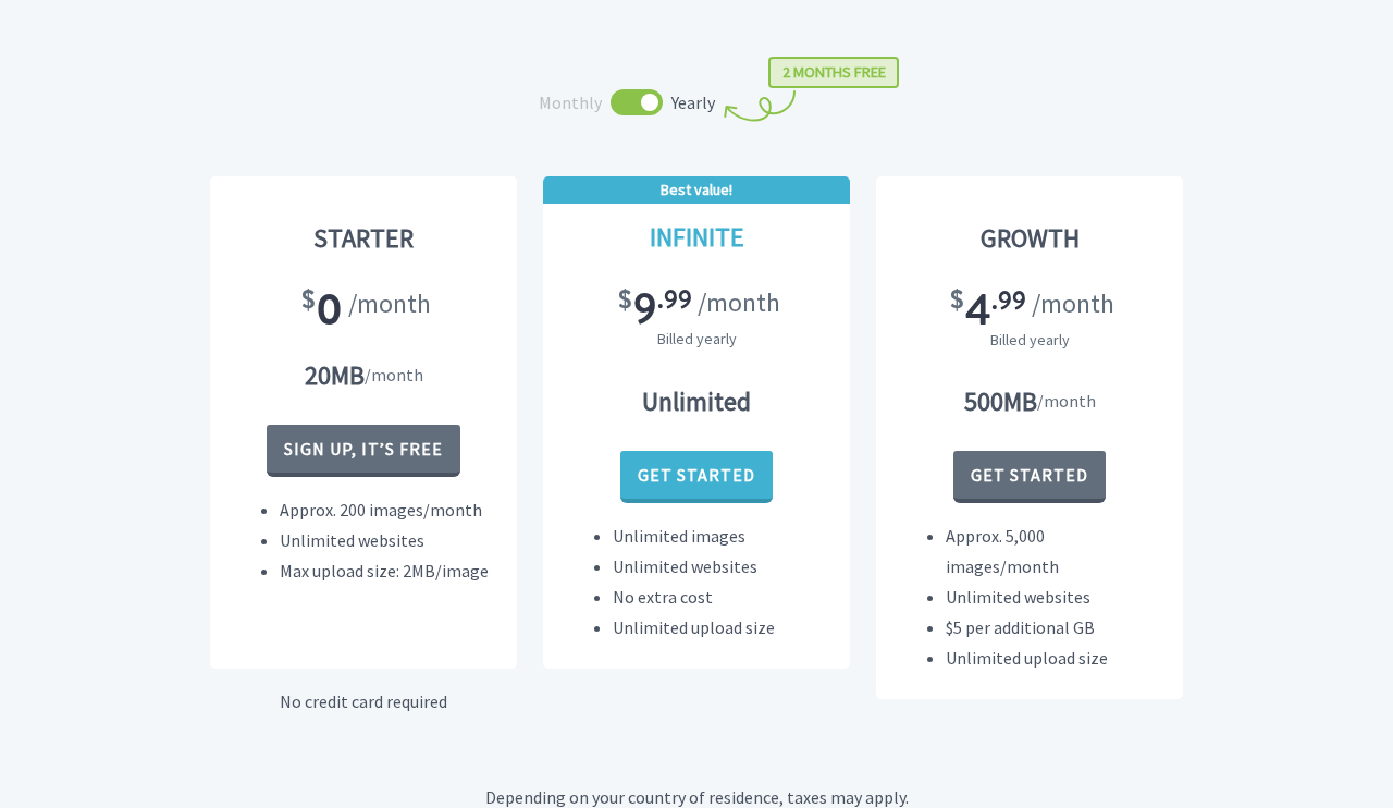 Imagify pricing page on imagify.io showing three plan cards: Starter at $0 per month with 20 MB quota, Growth at $4.99 per month billed annually with 500 MB quota and $5 per GB overage rate, and Infinite at $9.99 per month billed annually with unlimited quota, all plans including unlimited websites