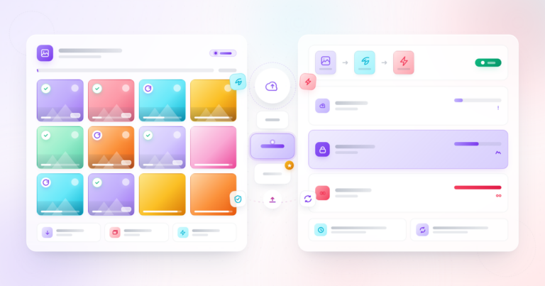 Imagify Review 2026 featured banner showing bulk media-library grid, cloud-engine compression modes, and WebP/AVIF format conversion panels in a soft violet, coral, and cyan glass design