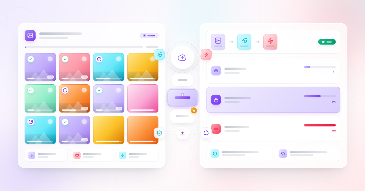 Imagify Review 2026 featured banner showing bulk media-library grid, cloud-engine compression modes, and WebP/AVIF format conversion panels in a soft violet, coral, and cyan glass design