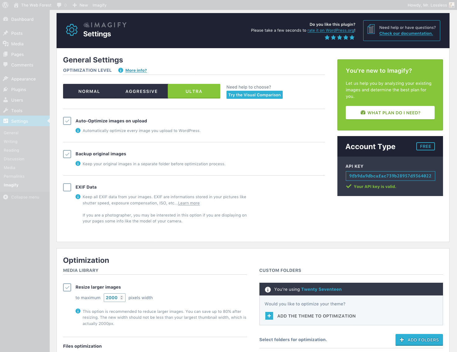 Imagify settings page in WordPress showing the compression level selector with Normal, Aggressive, and Ultra options, toggles for WebP and AVIF generation, original backup setting, and maximum image width setting