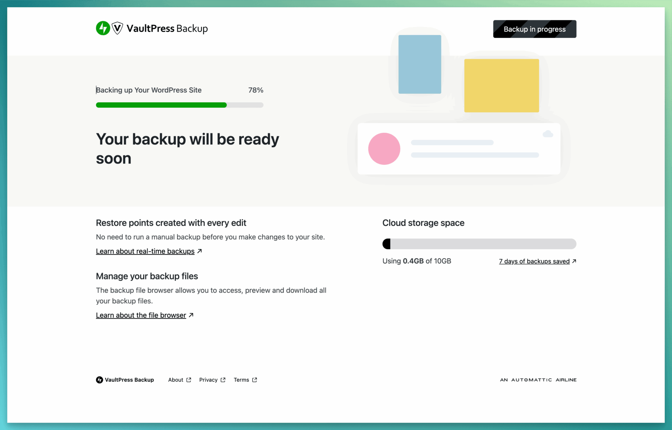Jetpack VaultPress Backup plugin listing on WordPress.org showing real-time backup features, the backup and restore interface with activity log, one-click restore options, and the event-driven capture dashboard from Automattic